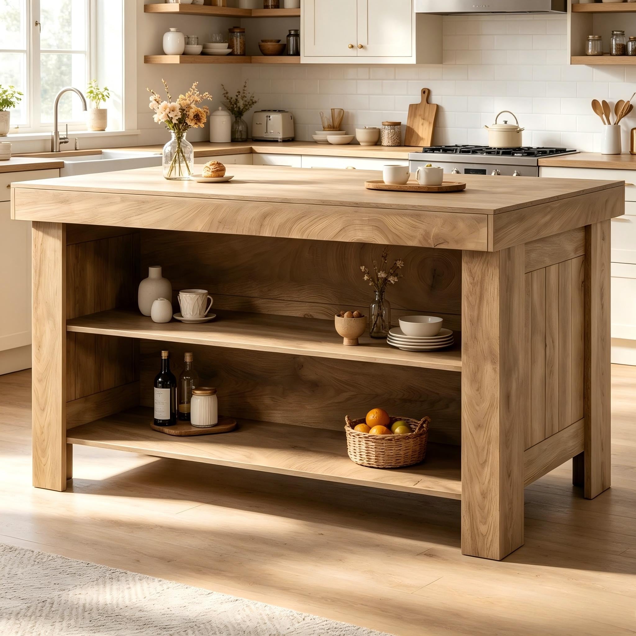 55" Two-Tone Farmhouse Kitchen Island with Storage & Wood Top