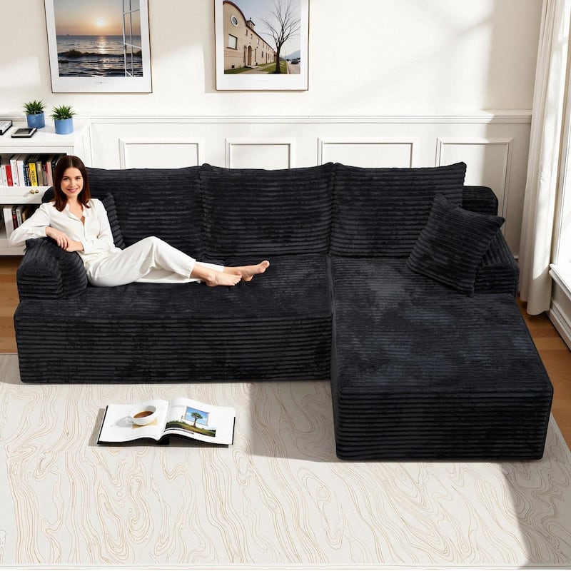 L-Shaped Corner Sectional Sofa Set with Side Chaise Lounge, Soft Foam Cushion Modular Sofa Corduroy Leisure Couch - Black - Right Facing