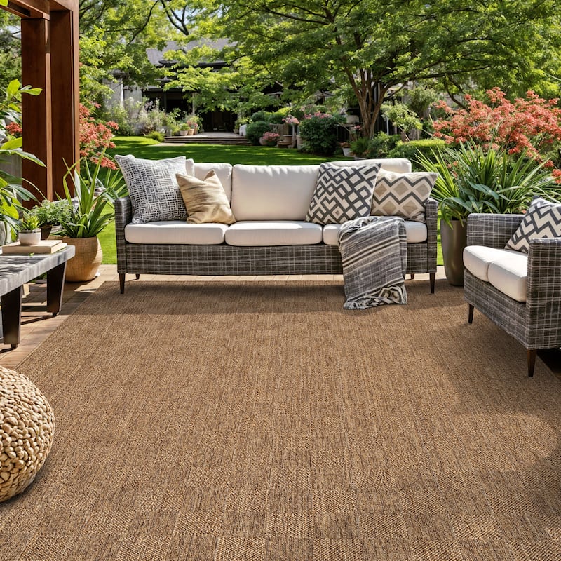 World Rug Gallery Checkered Indoor/Outdoor Flat Woven Area Rug - 6' 6" x 9' - Natural