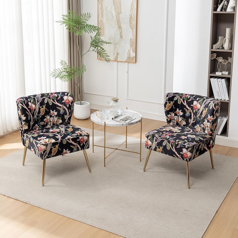Velvet Floral Accent Chair (Set of 2) with Gold Legs, Modern Comfy Tufted Side Chair for Living Room/Bedroom - Black