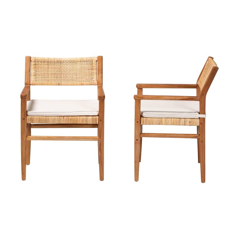 Chatura Natural Rattan and Mahogany Wood Dining Armchair - Handwoven Wicker Dining Chair with Angled Back, Coastal Boho Seating
