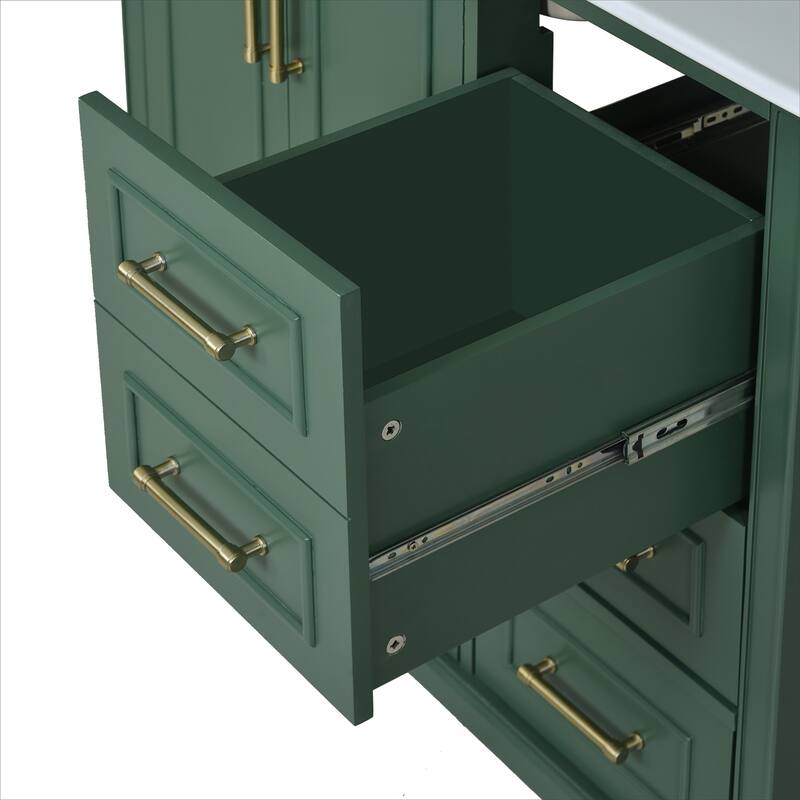 Traditional Bathroom Vanity with Ceramics Sink, Freestanding Cabinet with 3 Side Drawers, Bottom Drawer and 2 Soft Close Doors