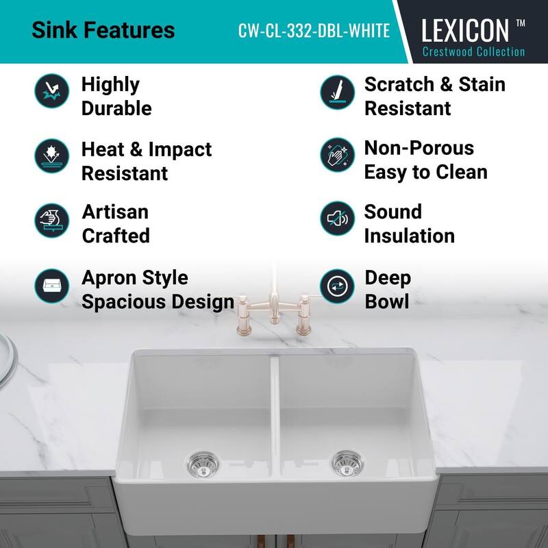 33x18 Crestwood Farmhouse Sink, White Fireclay, Double Bowl Apron Front