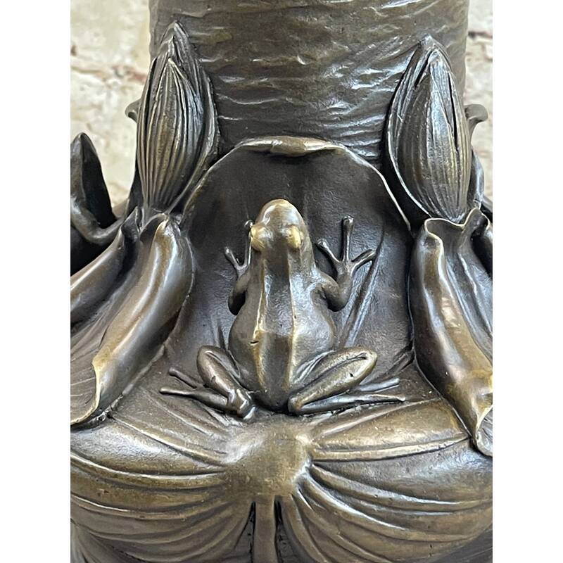 Bronze Metal Vase W/ Frogs On Lilly Pads Handmade Sculpture Signed Jean Bunand