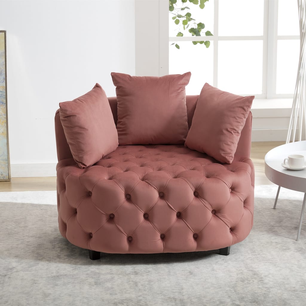 Pink Modern 24" Velvet Upholstered Buttons Tufted Barrel Chair with Pillows