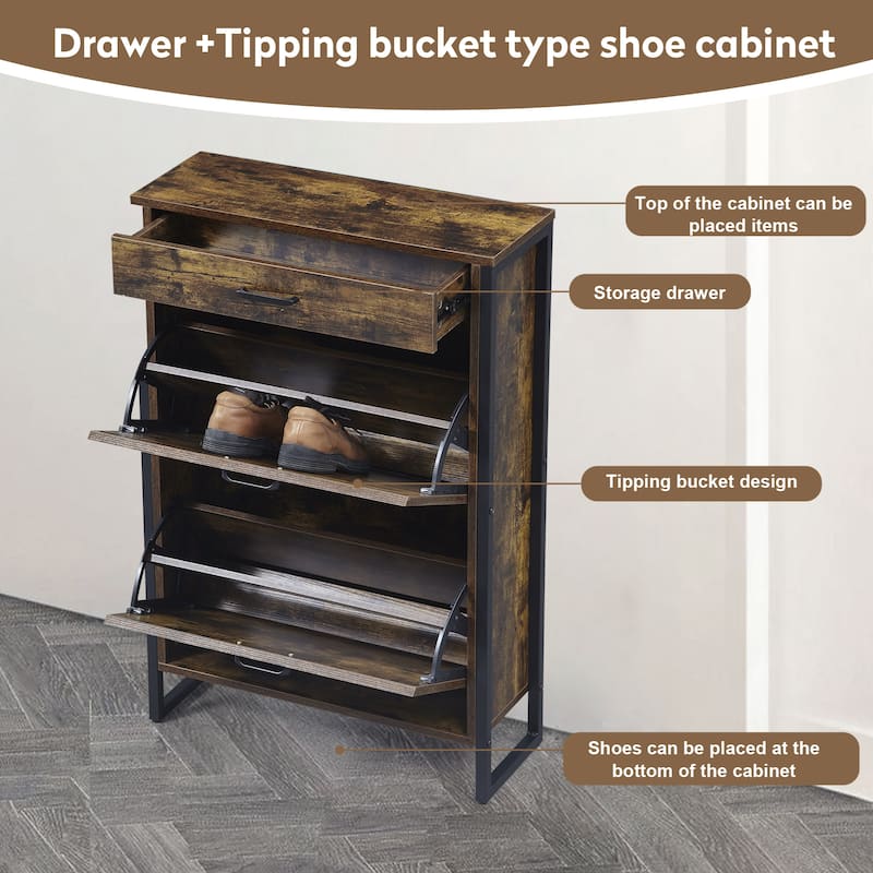 Wood Hidden Shoe Cabinet with 2 Flip Drawers for Hallway