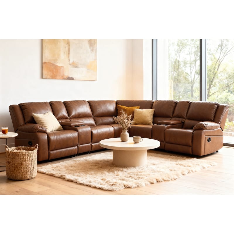 108" W Modern Contemporary Faux Leather 7 Piece Sectional Recliners - Light Brown