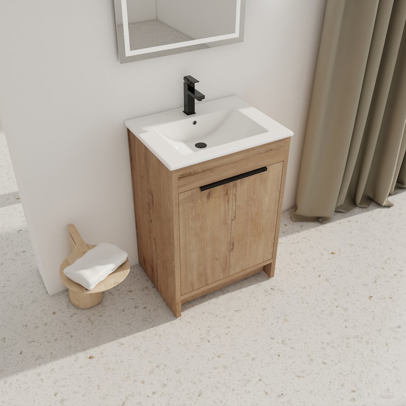 24" Freestanding Bathroom Vanity with White Ceramic Sink ,2 Soft-Close Cabinet Doors