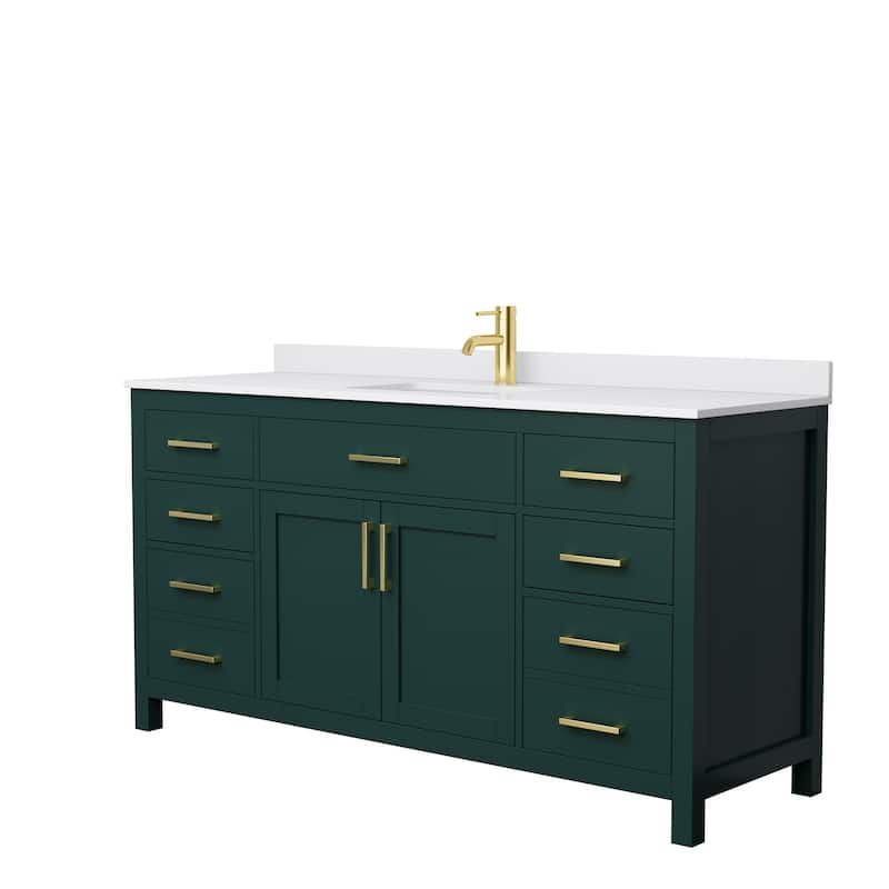 Beckett 66 Inch Single Vanity, Cultured Marble Top - Green, Gold Trim, White Cultured Marble Top