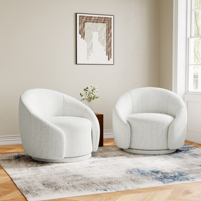 35" Wide Upholstered Swivel Accent Barrel Chairs (Set of 2) - Boucle - White