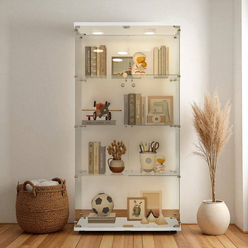 Tempered Glass Display Cabinet with Door Lock, Adjustable Feet and Colorful LED Lights, Wine Storage Curio Cabinet - White