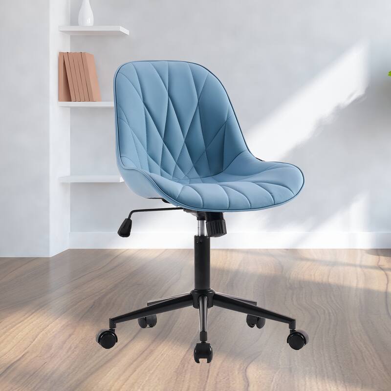 Armless Swivel Office Chair, Faux Leather Task Chairs with Wheels - Blue