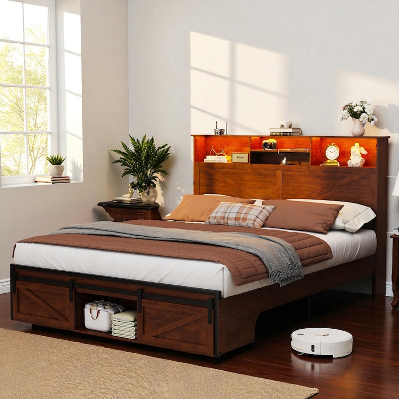 Farmhouse Full/Queen Bed Frame with Storage Headboard, Charging Station and RGB LED Lights, MDF and Steel Platform Bed