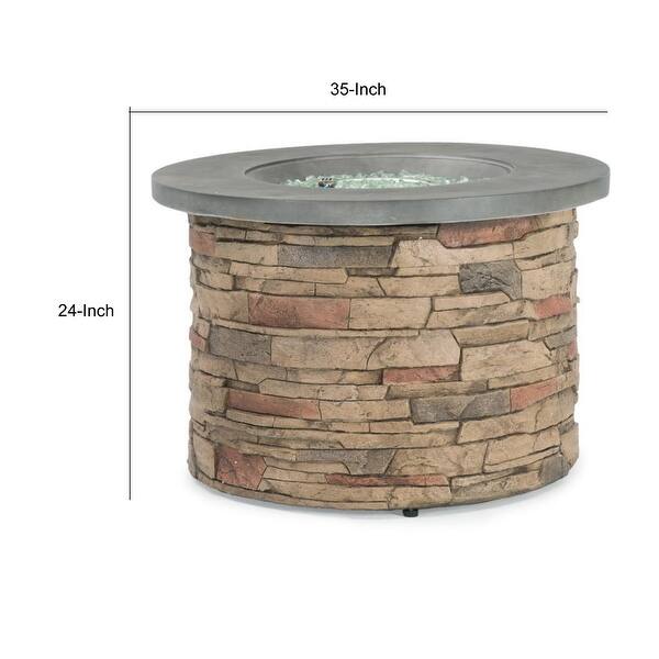 Ali 35 Inch Fire Table, Glass Rocks, Rounded Stone Surface, Gray, Brown ...