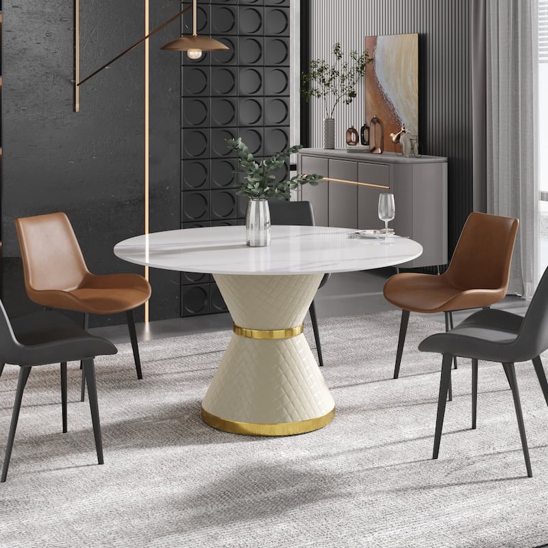 53" Modern Round Marble Dining Table for 6, with Round PU Leather Finish Metal Pedestal - White