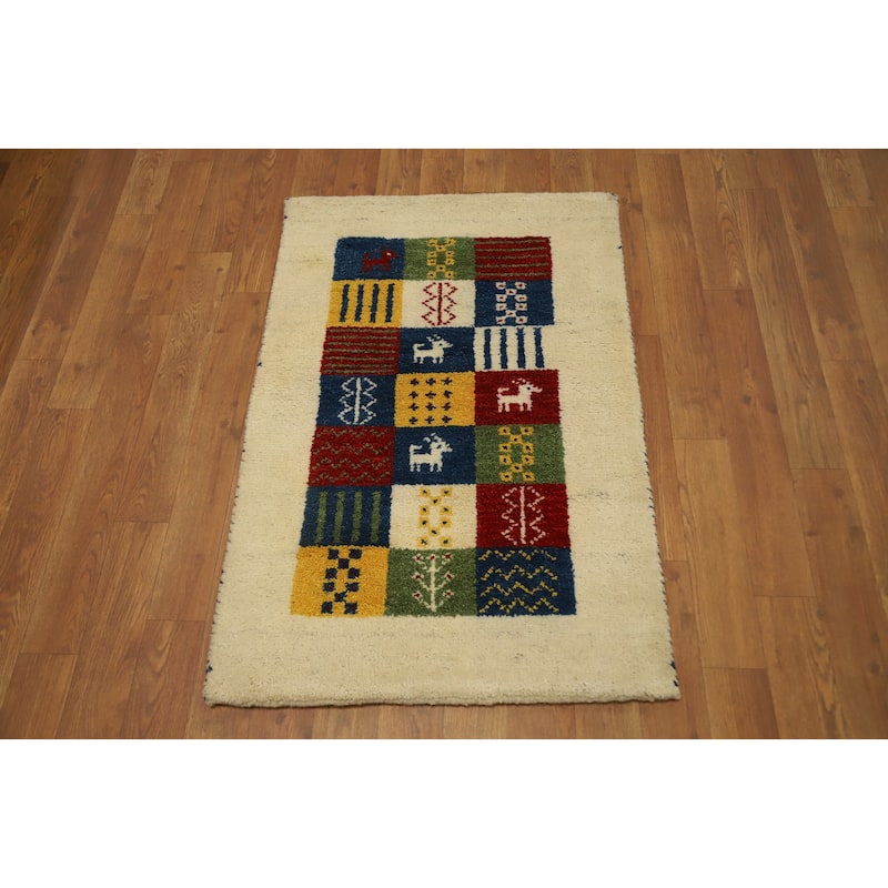 Hand Knotted Oriental 100% Wool Carpet Tribal Geometric Multi-Colored Gabbeh Area Rug - 3' 1'' X 2' 0''