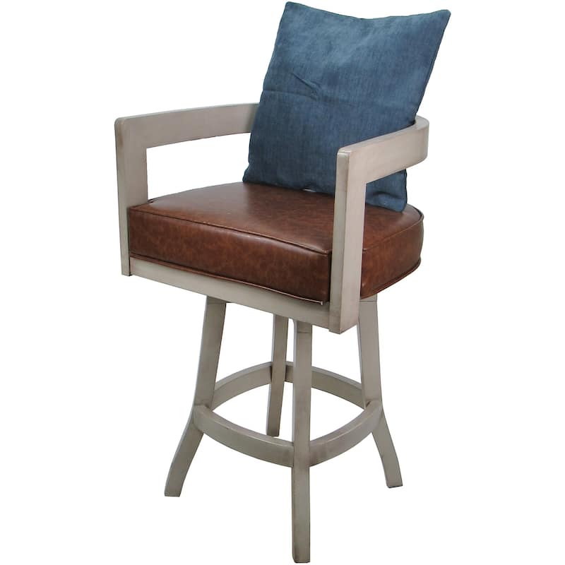 Swivel Wood Counter Bar or Extra Tall Stool - Kadir on S-Base - N/A - Marble Brown Vinyl - Blue Pillow - Beige - Counter Height - 23-28 in.