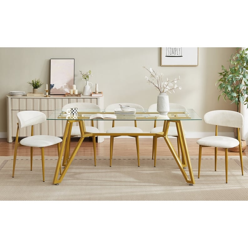 Gold Modern Tempered Glass Dining Table with Metal Legs for Kitchen, Living Room