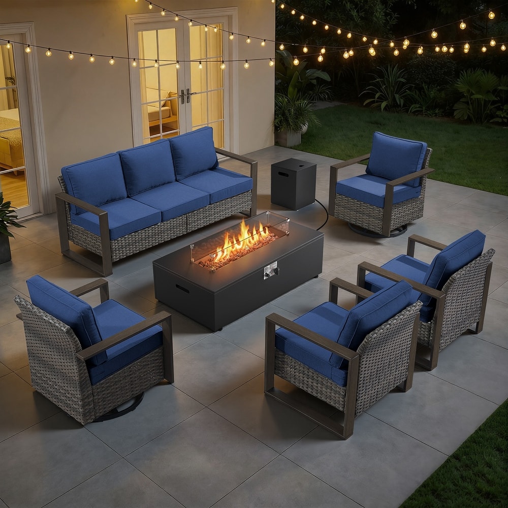 Meyreso Wicker Outdoor Patio Fire Pit Set with Swivel Gliders and 4.5-Inch Olefin Cushions