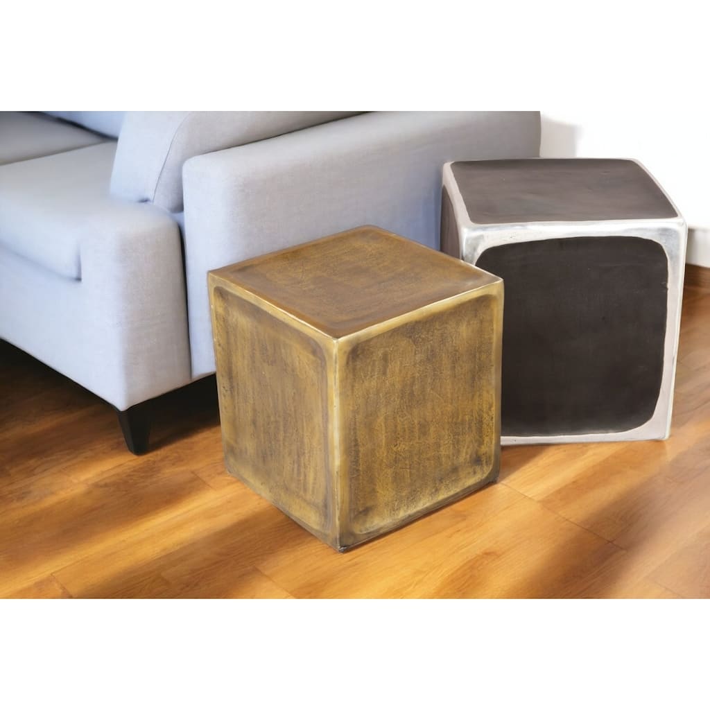 HomeRoots Set of Two Black Silver And Antiqued Brass Aluminum Square Block End Tables - 19' X '20.5' X '19
