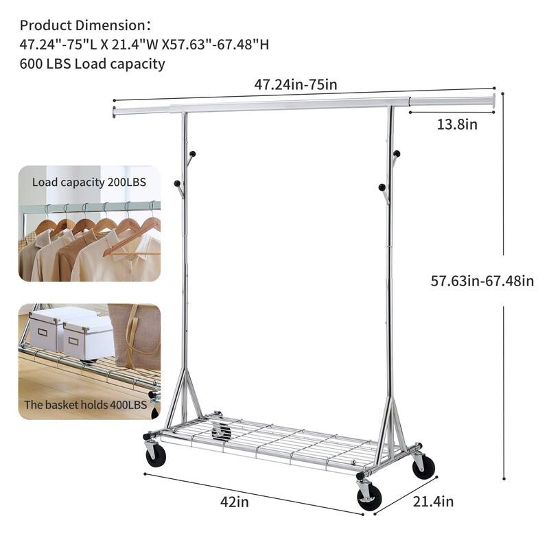 Mieres Clothing Rack, Collapsible Clothing Rack Max Capacity 600lbs, Industrial Rolling Rack with Bottom Shelf