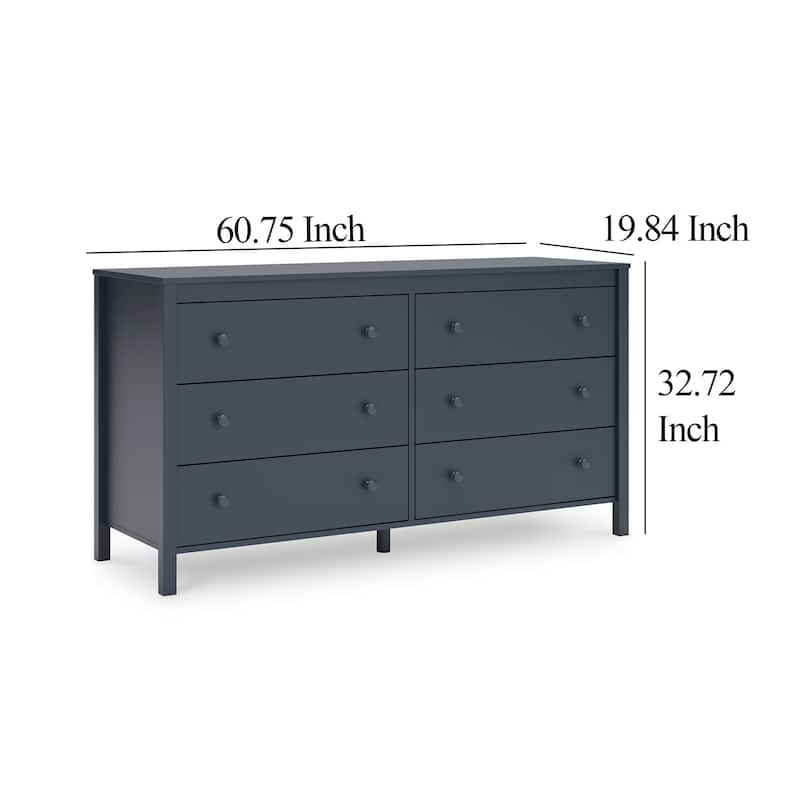 Cian Wide Dresser, 6 Drawers, Knob Handles, Navy Blue Wood, 61 Inch