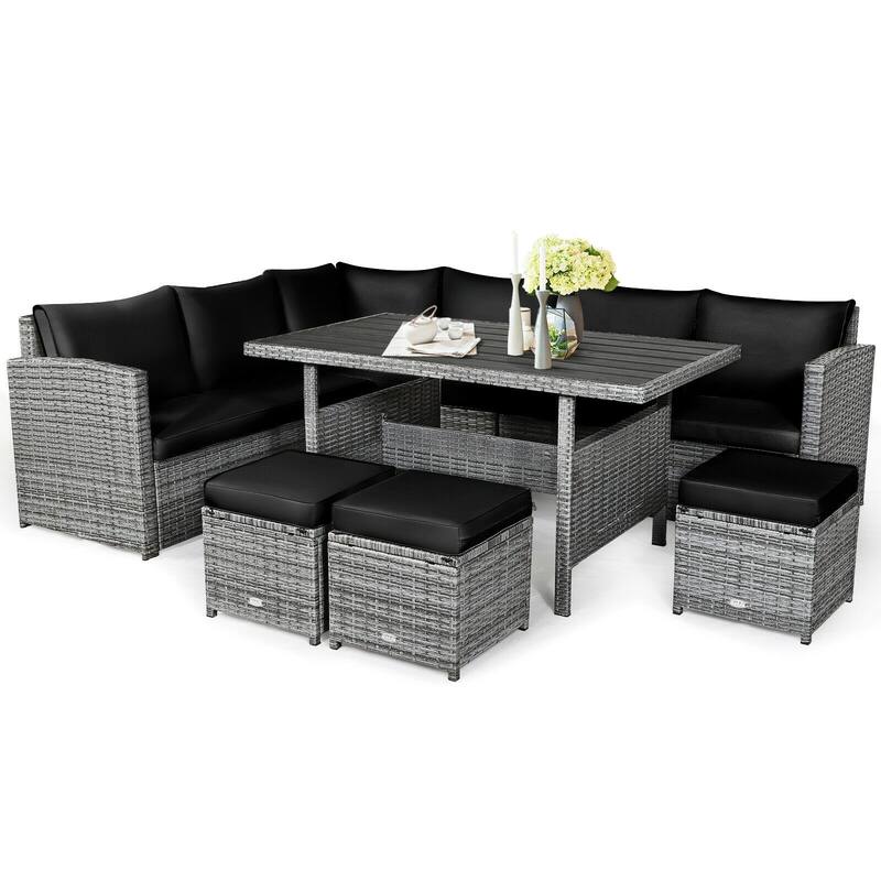 7 Pcs All-Weather Patio Rattan Dining Furniture Sectional Sofa Set with Wicker Ottoman and Cushed Couch - Black