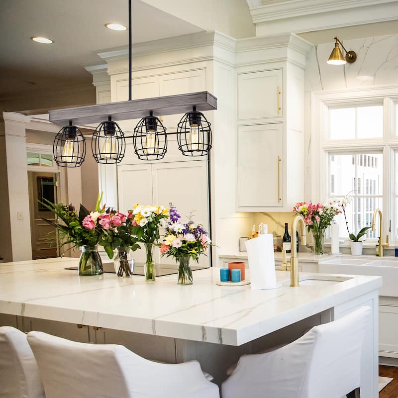 Wood and Black 4-Light Cage Linear Kitchen Island Lighting