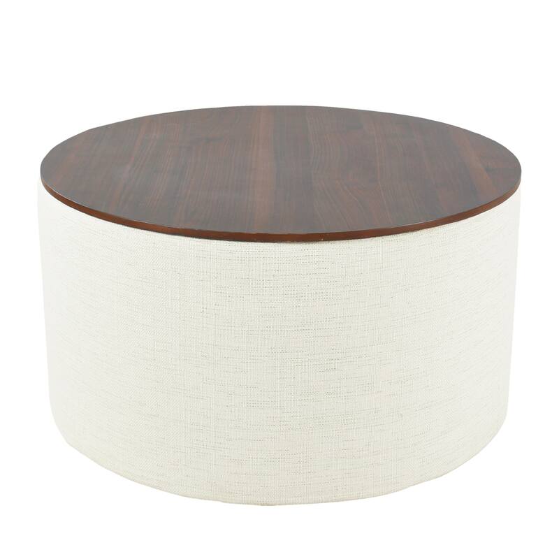 Mesy Storage Ottoman, 30 Inch Round Lift Tray Top, Ivory Woven Fabric