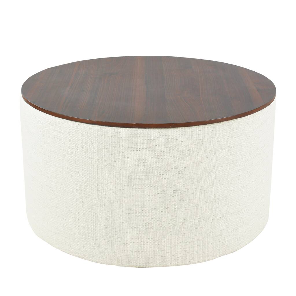Mesy Storage Ottoman, 30 Inch Round Lift Tray Top, Ivory Woven Fabric