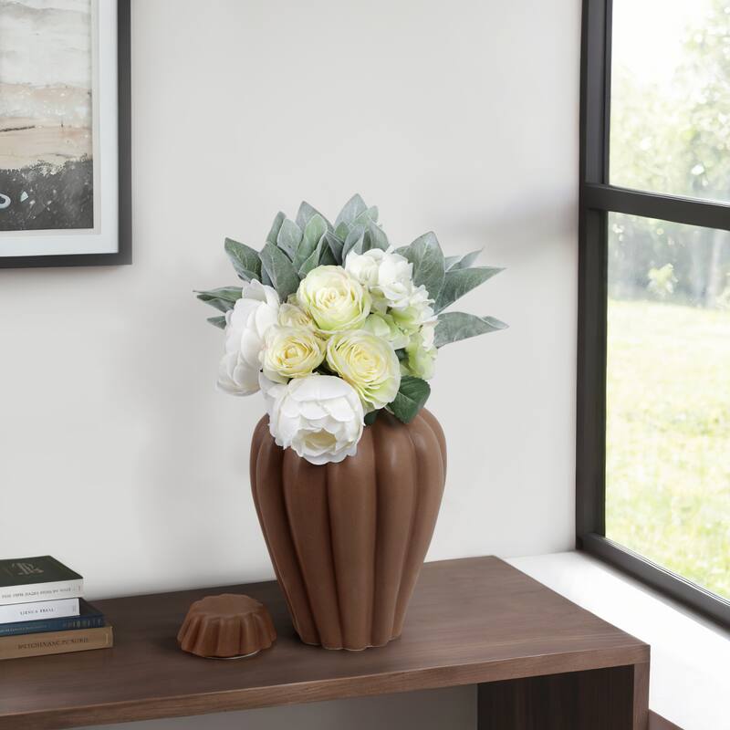 Stoneware Decorative Jar with Lid Fluted Sculpted Silhouette Style - 9" x 9" x 12"