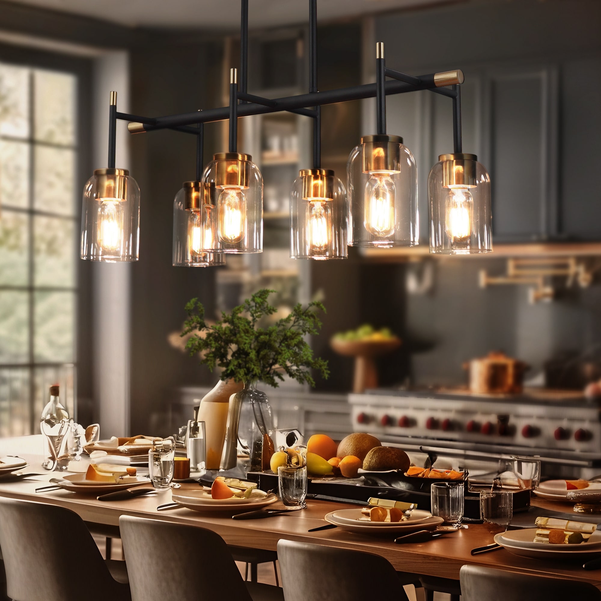Modern Farmhouse 6-Light Black Gold Linear Chandelier with Clear Glass Shades for Kitchen Island and Dining Table