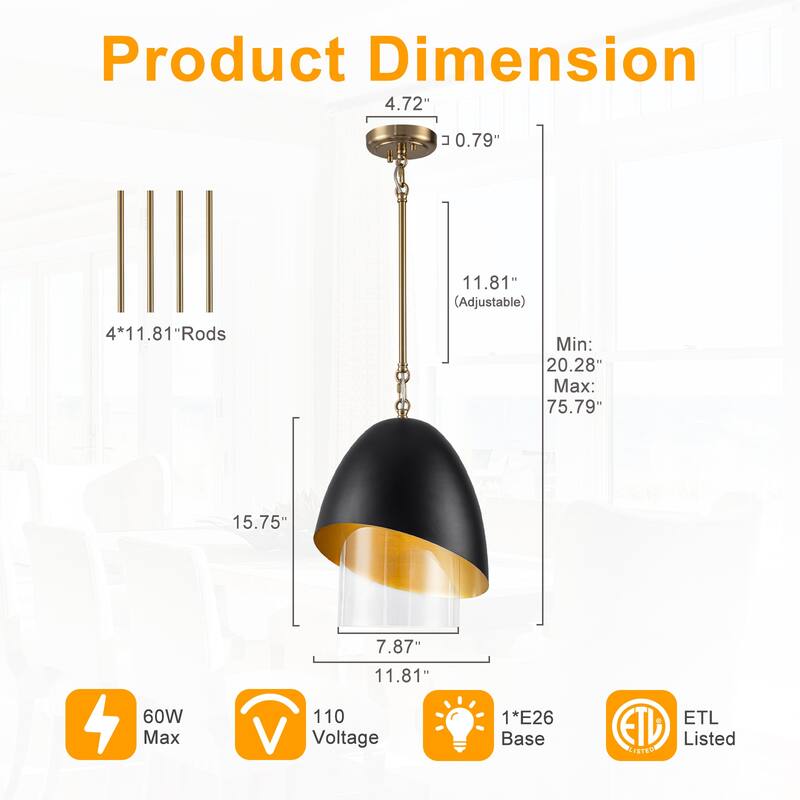 Brushed Gold & Black Egg-Shaped Pendant Light with Clear Glass Shade - Dia.11.81-in