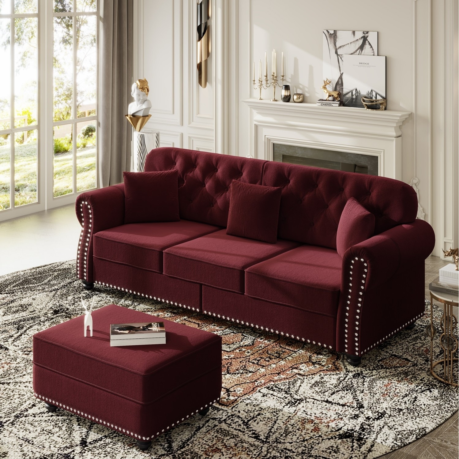 82.6" Velvet Sofa with Button Tufted, 3 Pillows and 1 Ottoman