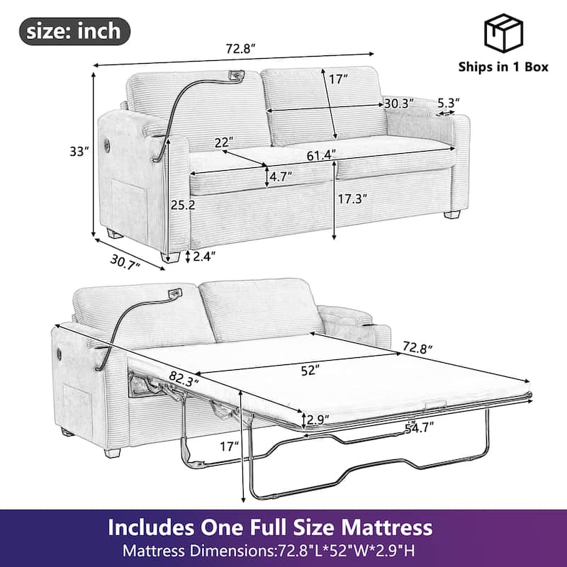 72.8" Corduroy Sleeper Sofa with Full Size Mattress and USB Ports, Loveseat Sofa with Cup Holders and Side Pockets
