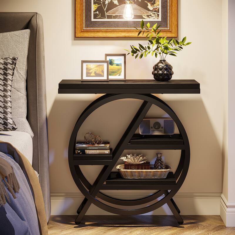 Narrow End Table, Side Table with Storage and Geometric Metal Frame