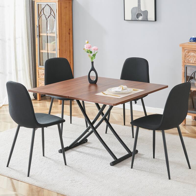 5-Piece Modern Lift Top Dining Table Set, Square Folding Wood Table with Metal Legs & 4 Linen Chairs for Small Spaces