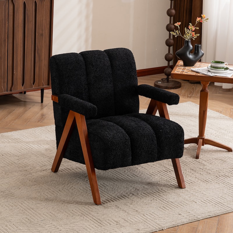 Mid Century Modern Accent Chair, Chenille Armchair with Solid Wood Legs, Channel Tufted Comfy Reading Chair for Living Room