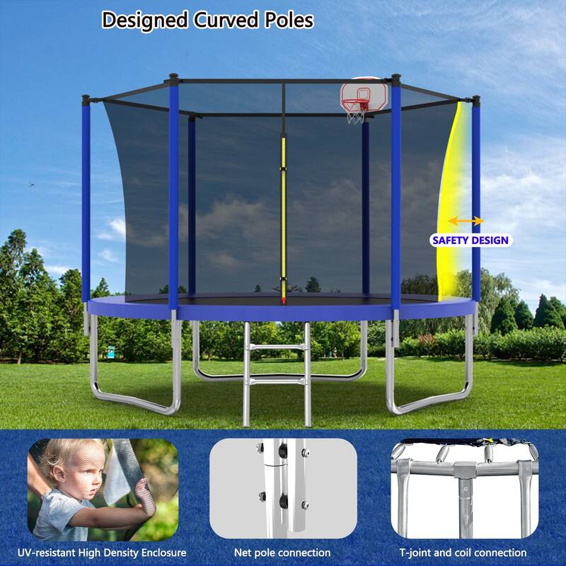 Outdoor Kids Trampoline with Basketball Hoop and Ladder, with Safety Enclosure for Backyard Fun