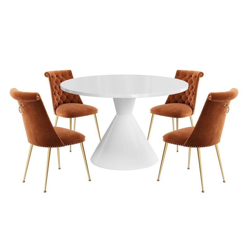 48" Light Luxury White High Gloss Large Countertop Dining Table with Velvet Dining Chair Set