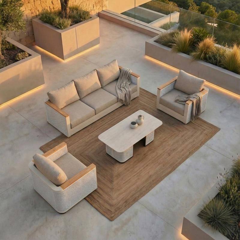 Arvin 4-Piece Outdoor Patio Conversation Set in Aluminum with Olefin Fabric Cushions Sintered Stone Rectangular Coffee Table
