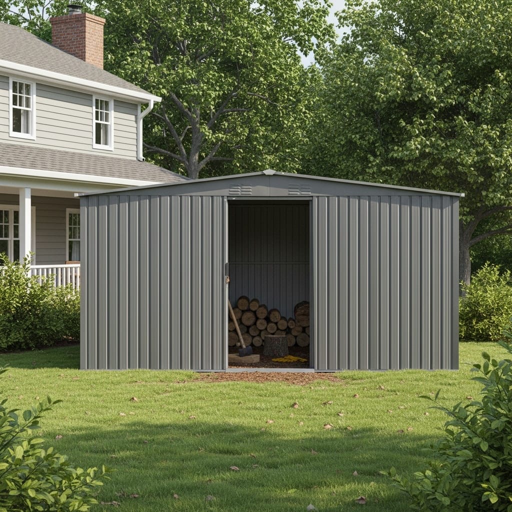 14x12 Ft New Outdoor Storage Shed with Metal Shed and Firewood Shed, More Suitable For Winter, Grey