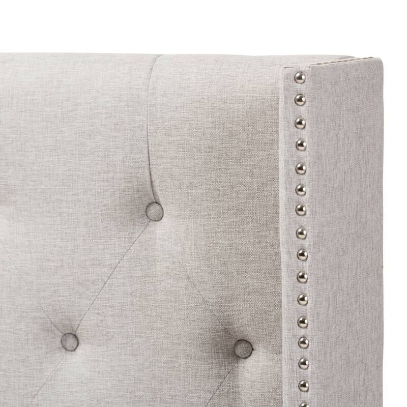 King Size Winged Headboard - Fabric Upholstered Bed Headboard, Greyish Beige, Button Tufted Nailhead Trim