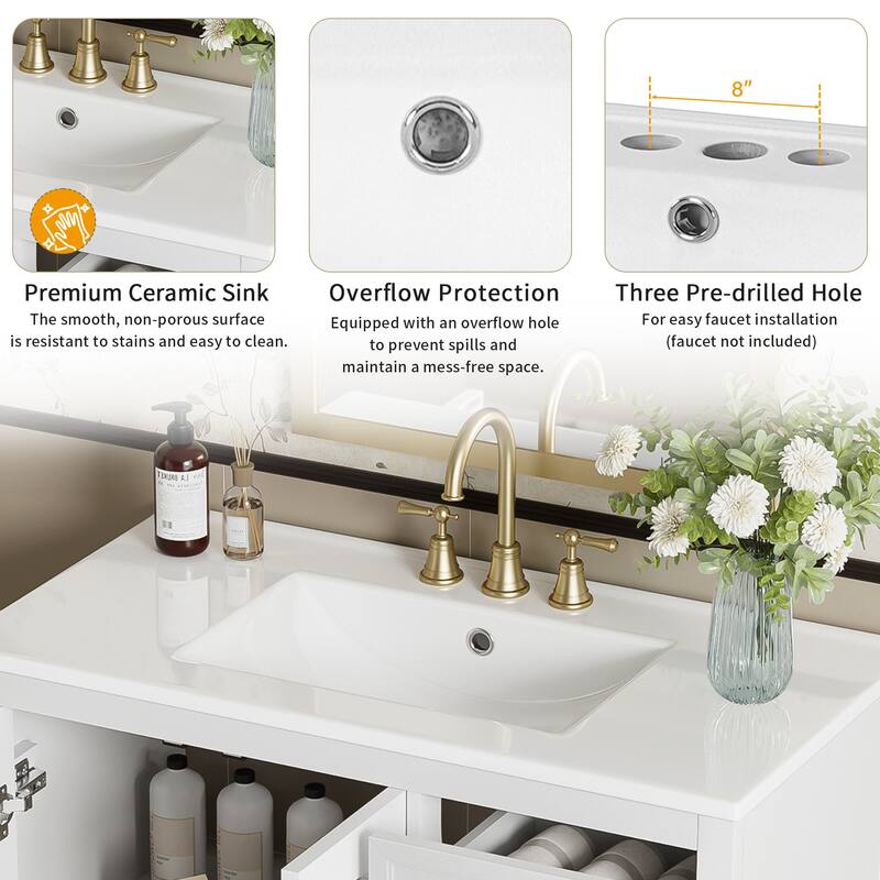 36" Bathroom Vanity with Ceramic Sink, Soft-Close Doors & Adjustable Shelves, Three Drawers for Storage