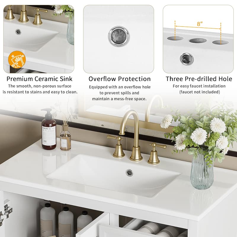 Bathroom Vanity Storage Cabinet with Translucent Embossed Glass Doors, 2 Drawers, Adjustable Shelves and Soft Close Design