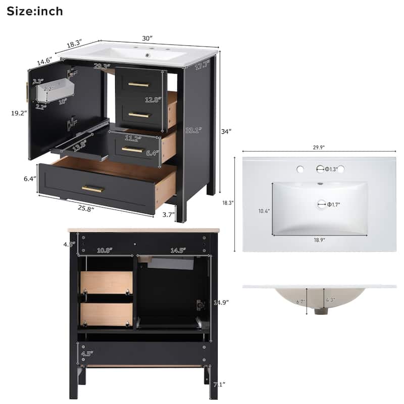 30" Bathroom Wood Storage Vanity Cabinet with Ceramic Sink, 3 Drawers