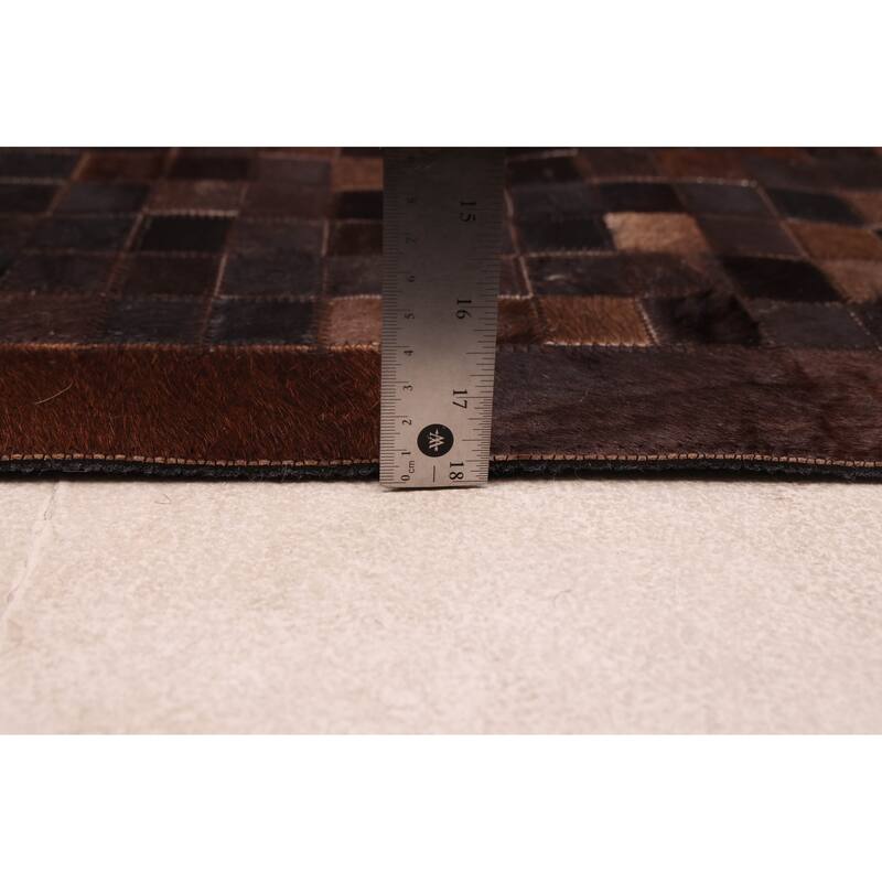 ECARPETGALLERY Handmade Cowhide Patchwork Dark Brown Leather Rug - 6'1 x 6'1