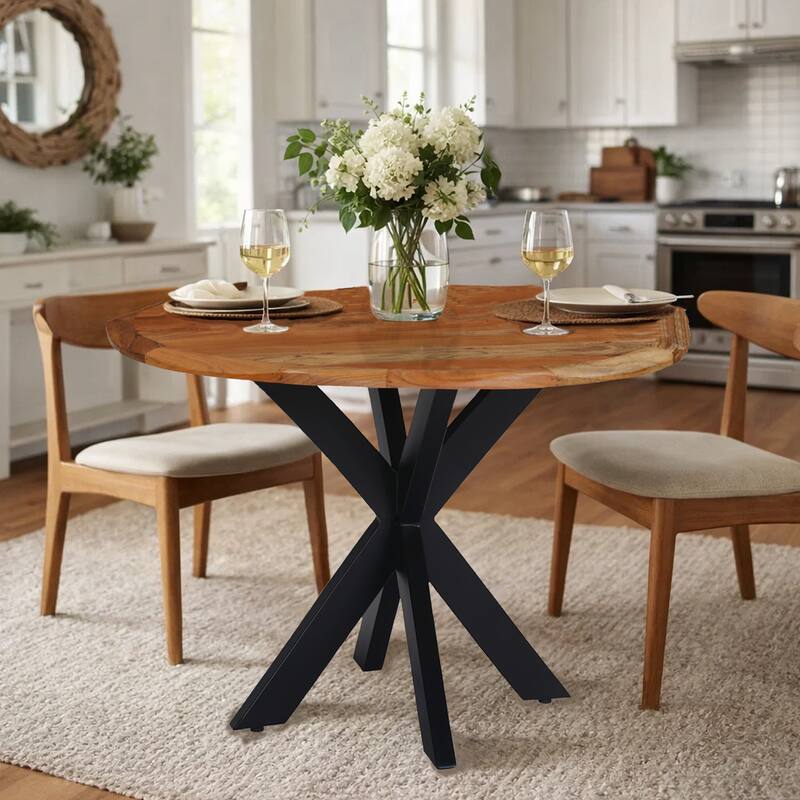 Kuri 41 Inch Handcrafted Live Edge Round Dining Table with a Natural Brown Acacia Wood Top and Black Iron Legs