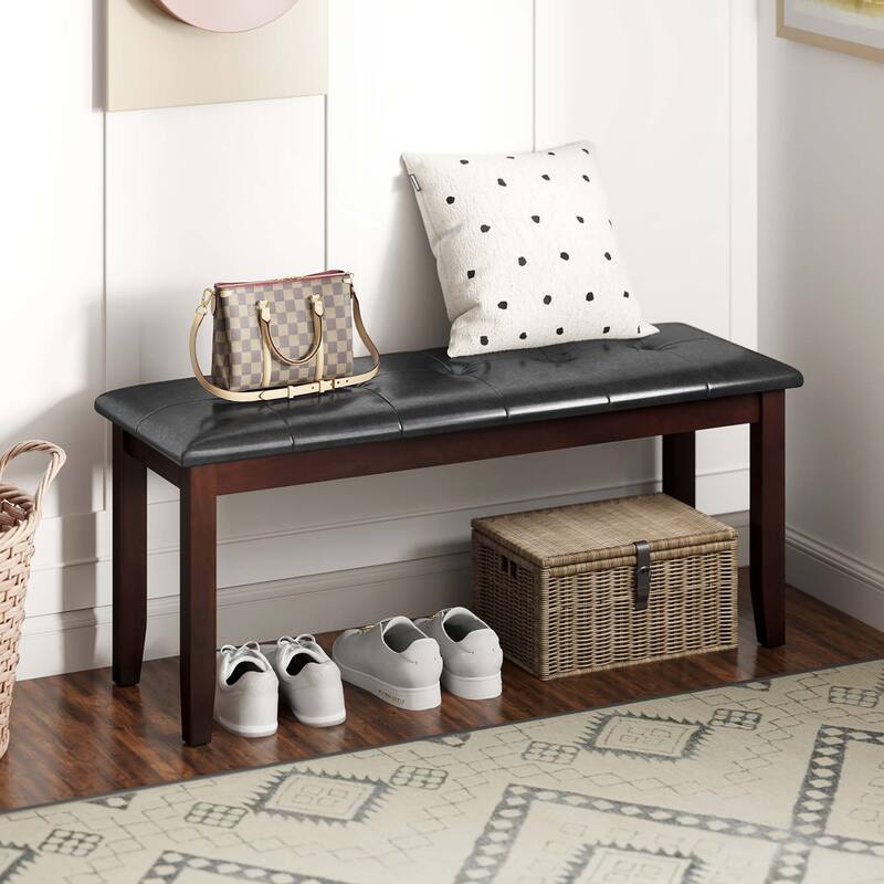 Gymax Upholstered PU Dining Room Bench Solid Wood Button Tufted Dining - Cherry - See Details
