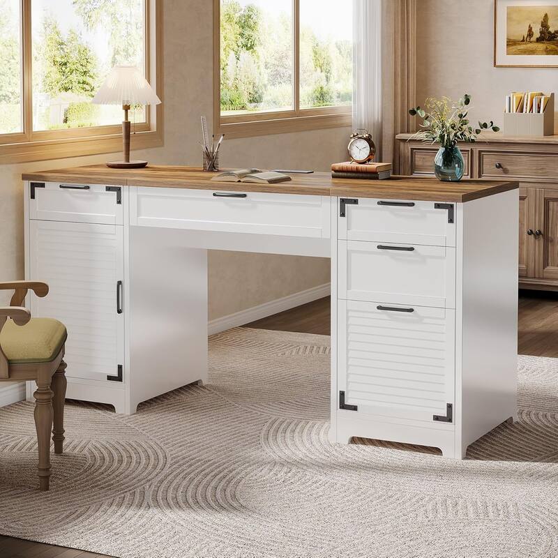 59-Inch Farmhouse Computer Office Desk with Drawer Cabinet and Charging Station